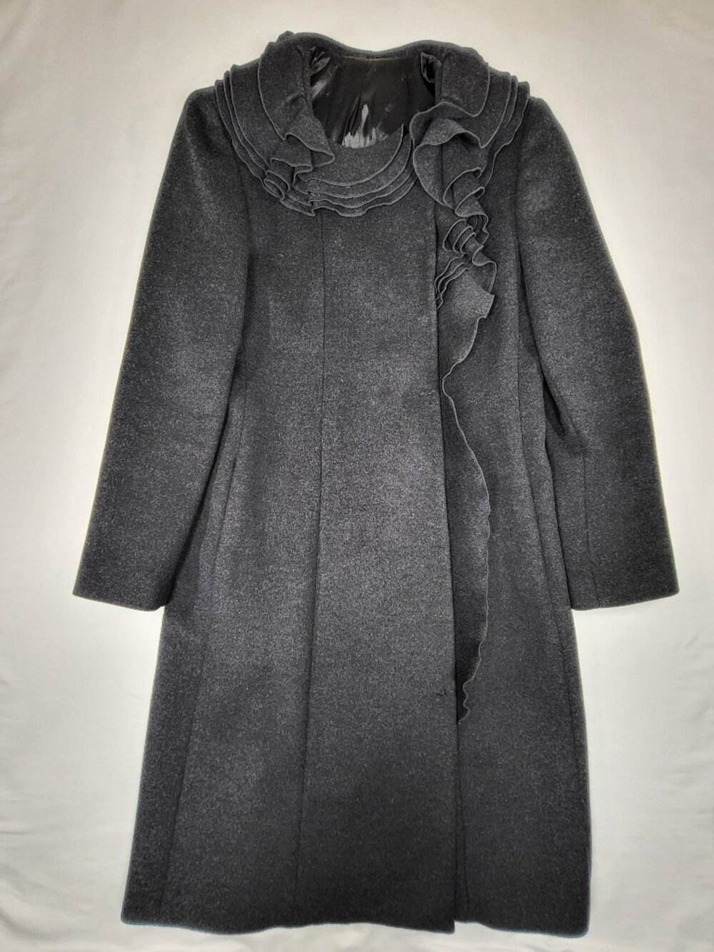 Mackage Charcoal Grey 100% Wool Ruffle Collar Trench Coat Medium RN 50814